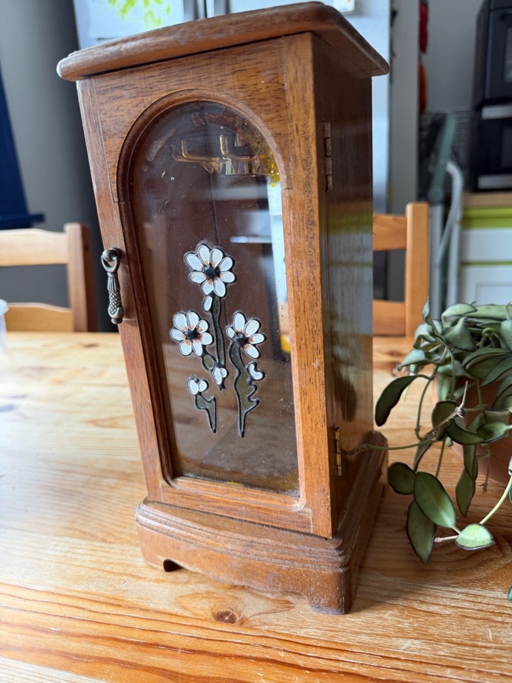 Vintage wooden Jewelry Cabinet with Floral Glass Door